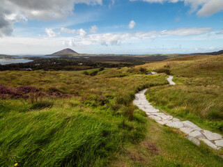 A lush green field with a mountain and ocean in the background. The sky is clear and blue....
