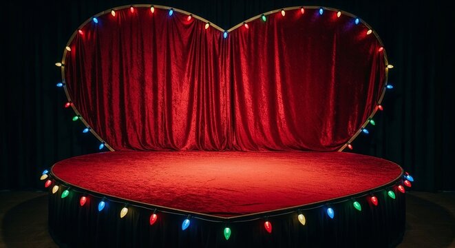 Heart shape burlesque stage with red velvet curtain and colorful lights. Cabaret theater scene decoration for show.