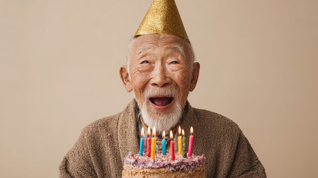 Advertising image of an elderly Asian man celebrating his birthday, symbolizing resilience and joy