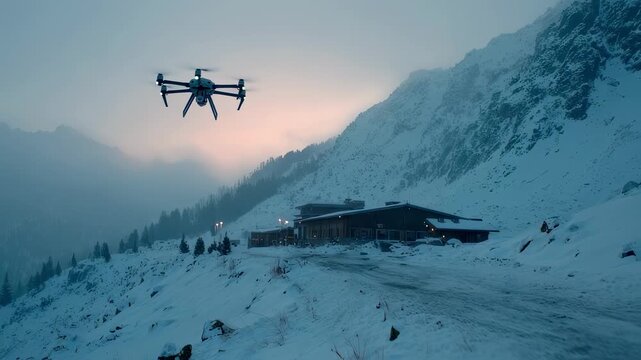 Focused medium shot on a specialized drone approaching the mountain clinics rooftop drop zone at dawn while distant snowy ridges blur gently in the background emphasizing early