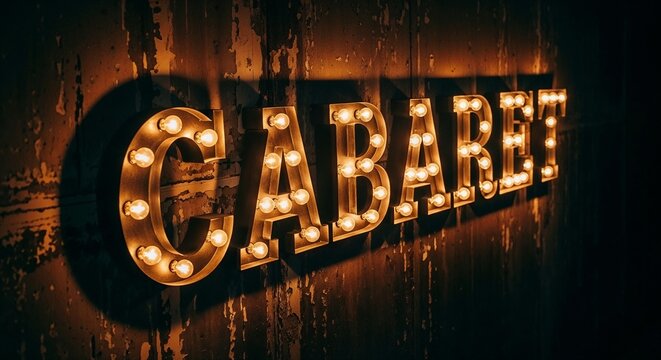 Marquee sign spelling cabaret with illuminated bulbs on dark grunge wall. Retro entertainment concept.