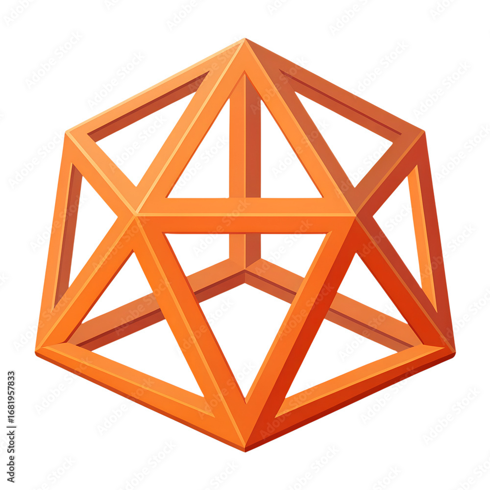 Fototapete A digital rendering of an orange, wireframe, octahedral 3D structure with sharp edges and clear lines