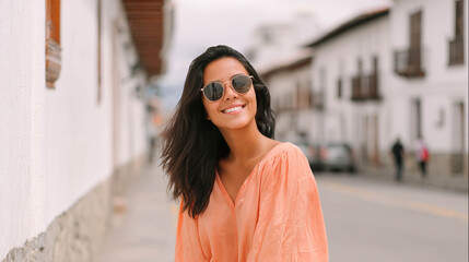 Fototapeta premium Happy young woman smiling on a city street