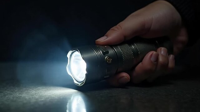Powerful metallic flashlight beam illuminates dark environment, hand holding for exploration, powerful light for safety and adventure