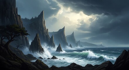 Jagged cliffs ocean waves stormy sky lighthouse rocks
