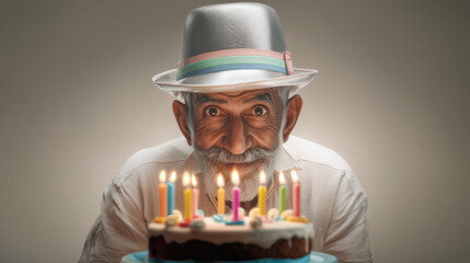 Advertising image of a fashionable and charismatic elderly man celebrating his birthday, symbolizing a milestone
