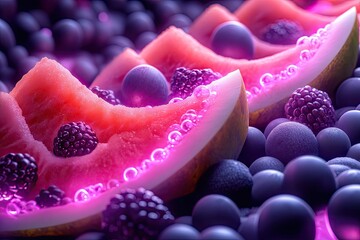 Glowing pink watermelon slices arranged in rows, interspersed with dark purple berries, creating a vibrant, surreal, and visually striking composition