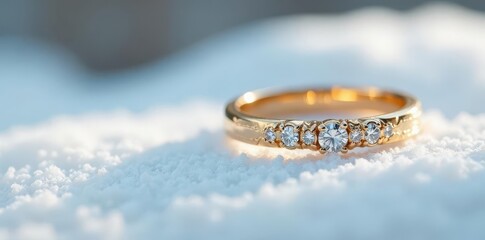 Delicate gold band adorned with intricate diamond accents on snowy white surface, fine jewelry, gold, understated luxury