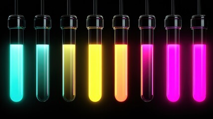 Fototapeta premium Rows of test tubes filled with glowing liquids in multiple colors sit against a dark background, highlighting their visual appeal in a laboratory setting.