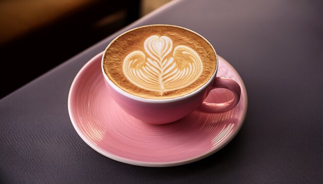 latte art coffee in a pink cup
