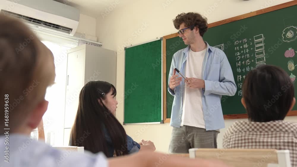 Aufkleber professional mentor looking around classroom while standing in front of blackboard with math formula