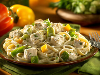 Creamy chicken alfredo with fettuccine pasta and vegetables