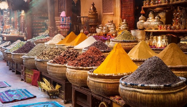a bustling spice souk in dubai with stalls filled with exotic spices and incense