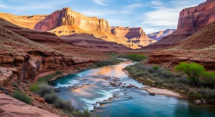 Majestic canyon river reflecting golden sunlight rocks cliffs