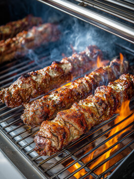 Juicy pork tenderloin skewers grilling on barbecue with flames