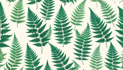 Obraz premium A repeating pattern of detailed fern leaves in shades of green, set against a pale cream background.