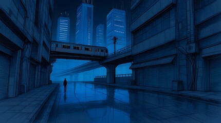 A painted dream of a city where elevated trains glide through the night
