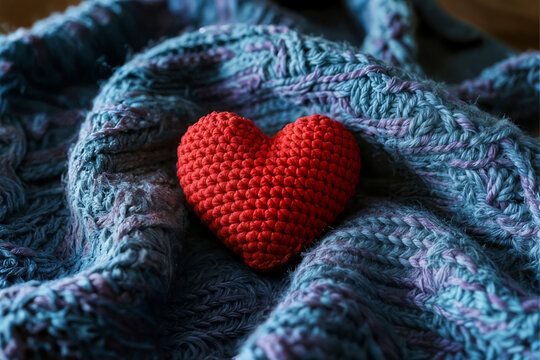 red heart lies on a blue knitted napkin love concept high quality photo coraz&oacute;n rojo sobre una servilleta azul de punto concepto de amor foto alta calidad c&oelig;ur rouge pos&eacute; sur une serviette tricot bleu