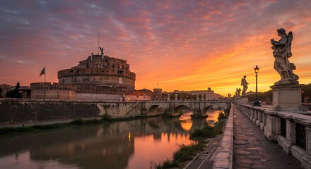 Vibrant Sunset Over Castel SantAngelo and Tiber River in Rome Italy.