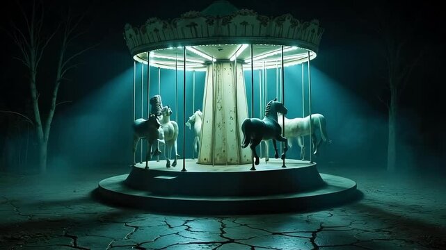 Eerie carousel with illuminated horses spins slowly in foggy night, casting dramatic shadows on cracked ground