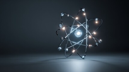 A glowing atom model displays electrons orbiting the nucleus in a dark environment, symbolizing scientific exploration and energy in modern physics.