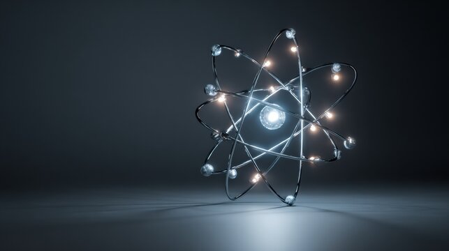 A glowing atom model displays electrons orbiting the nucleus in a dark environment, symbolizing scientific exploration and energy in modern physics.