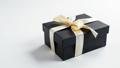 Obraz premium Elegant black gift box with ivory ribbon, pristine white background, black, light, holiday
