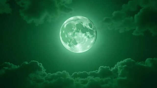 Green Moon in Dark Night Sky with Dramatic Clouds, Fantasy Horror Background