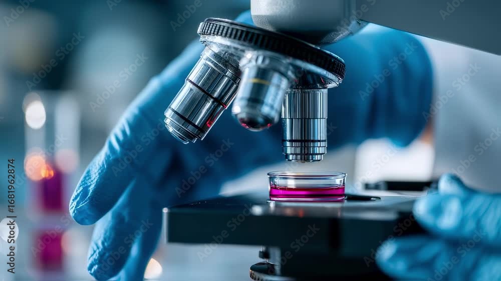 Poster researcher in medium shot adjusting microscope lens over blood sample microplastics detected soft bl
