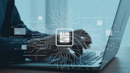 A hands-on laptop typing scene with a digital network overlay and a microchip design, illustrating the integration of technology, data processing, and connectivity in modern life. Qubit - Powered by Adobe
