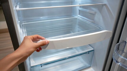 Hand closing clear crisper drawer in a clean, empty modern refrigerator interior