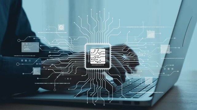 A hands-on laptop typing scene with a digital network overlay and a microchip design, illustrating the integration of technology, data processing, and connectivity in modern life. Qubit
