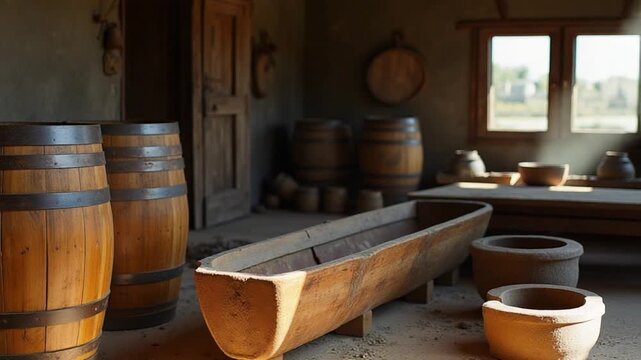 Wooden barrel and trough in rustic workshop during sunny afternoon light