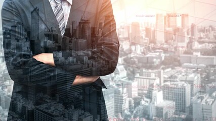 A confident businessman stands with crossed arms against an urban skyline, blending elements of technology and innovation to convey a message of progress and success. Xenic - Powered by Adobe