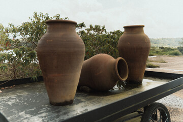 botija de barro ou barrio de barro com flores e um carrinho (clay pot or clay barrio with flowers and a cart) 