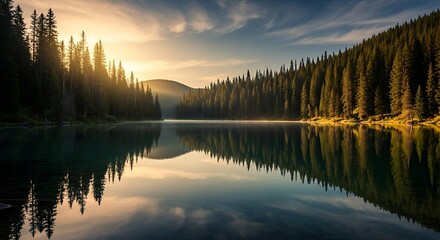 Obraz premium Serene lake reflecting evergreen forest at sunrise evergreen trees reflection