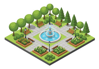 Isometric 3D view of a city park with fountain, benches, trees, flower beds, and walking paths, ideal for urban design, leisure, lifestyle, travel, and environmental concepts