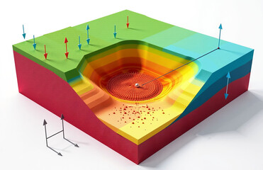 3D cutaway illustrating caldera ground deformation and geodetic monitoring with displacement volcanic inflation and subsidence.