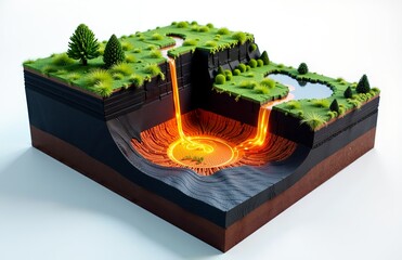 Volcanic cutaway showing a magma chamber, rising conduits and surface lava flows with crater lakes - 3D scientific illustration of eruption dynamics.