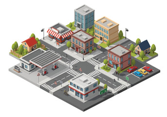 Isometric 3D view of a busy city intersection with shops, houses, office buildings, gas station, cars, and crosswalks, perfect for urban planning, business, real estate, and marketing themes