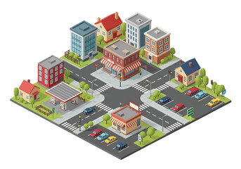 Isometric 3D view of a busy city intersection with shops, houses, office buildings, gas station, cars, and crosswalks, perfect for urban planning, business, real estate, and marketing themes