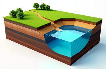 3D cross-section of a pond and groundwater aquifer showing stratified soil layers, water table and infiltration - educational hydrogeology illustration.