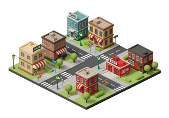 Isometric 3D view of a modern city intersection with buildings, houses, cars, crosswalks, and street signs, ideal for urban planning, real estate, business, and marketing concepts