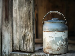 Vintage Metal Canister as Rustic Kitchen Decor: Farmhouse Still Life with Weathered Antique Milk Can in Cottage Style