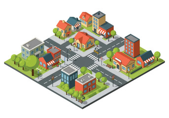 Isometric 3D view of a modern city intersection with buildings, houses, cars, crosswalks, and street signs, ideal for urban planning, real estate, business, and marketing concepts