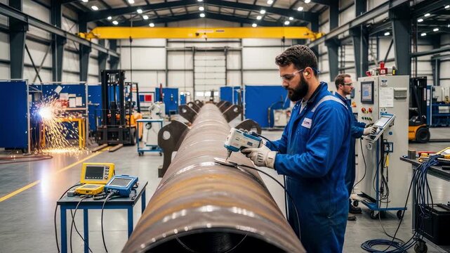Workers performing nondestructive testing on thick metal riser sections inside a welllit manufacturing facility for underwater drilling rigs.