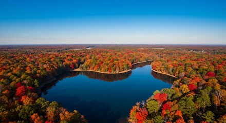 Panoramic aerial view of autumnal forest landscape reflected in tranquil water body