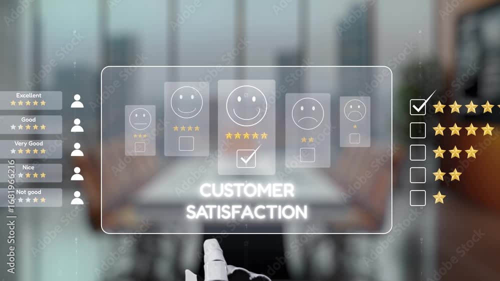 Poster a robotic hand interacts with a digital display showing customer satisfaction ratings in a sleek off