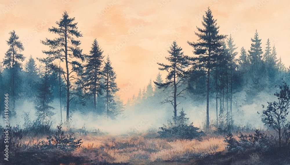 Poster tall pine trees stand in a misty forest clearing at dawn, the soft light creating a serene atmospher
