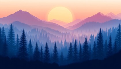 Obraz premium The illustration shows a sun setting behind layers of purple mountains and a dark blue forest in the foreground.